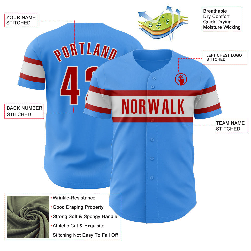 Custom Electric Blue Red-White Authentic Baseball Jersey view 3