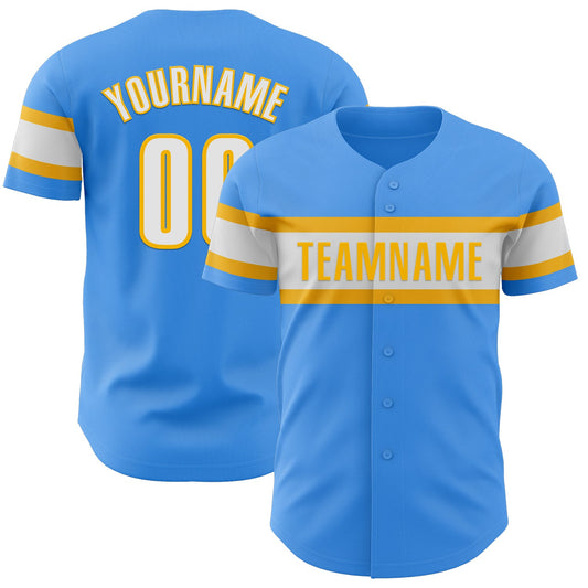 Custom Electric Blue White-Gold Authentic Baseball Jersey - Main View