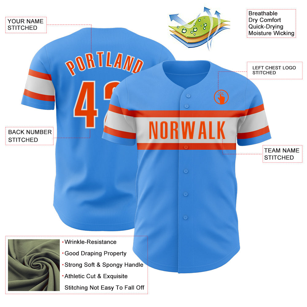 Custom Electric Blue Orange-White Authentic Baseball Jersey view 3
