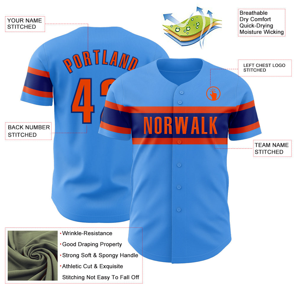 Custom Electric Blue Orange-Royal Authentic Baseball Jersey view 3