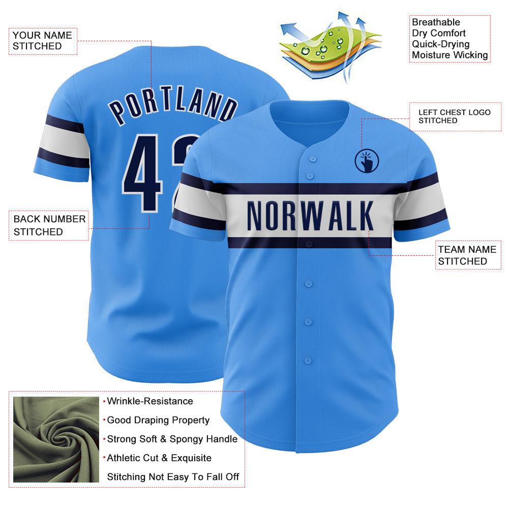 Custom Electric Blue Navy-White Authentic Baseball Jersey view 3
