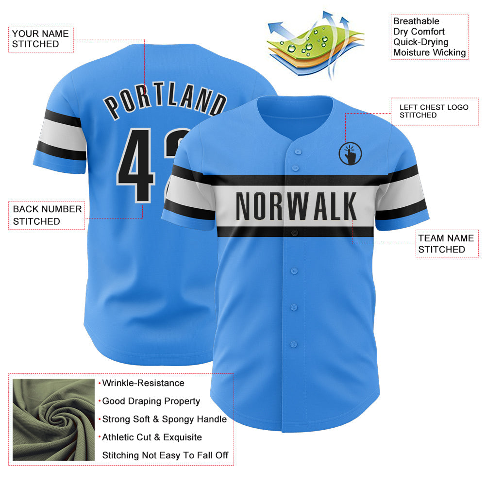 Custom Electric Blue Black-White Authentic Baseball Jersey view 3