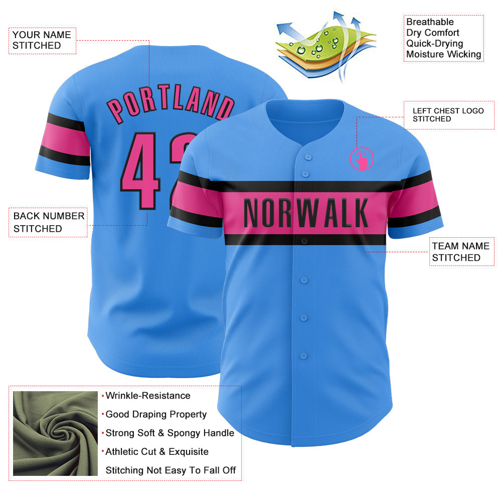 Custom Electric Blue Pink-Black Authentic Baseball Jersey view 3