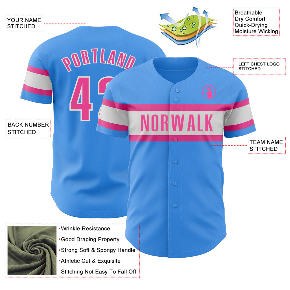 Custom Electric Blue Pink-White Authentic Baseball Jersey view 3