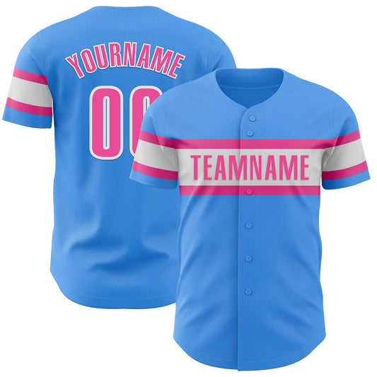 Custom Electric Blue Pink-White Authentic Baseball Jersey - Main View