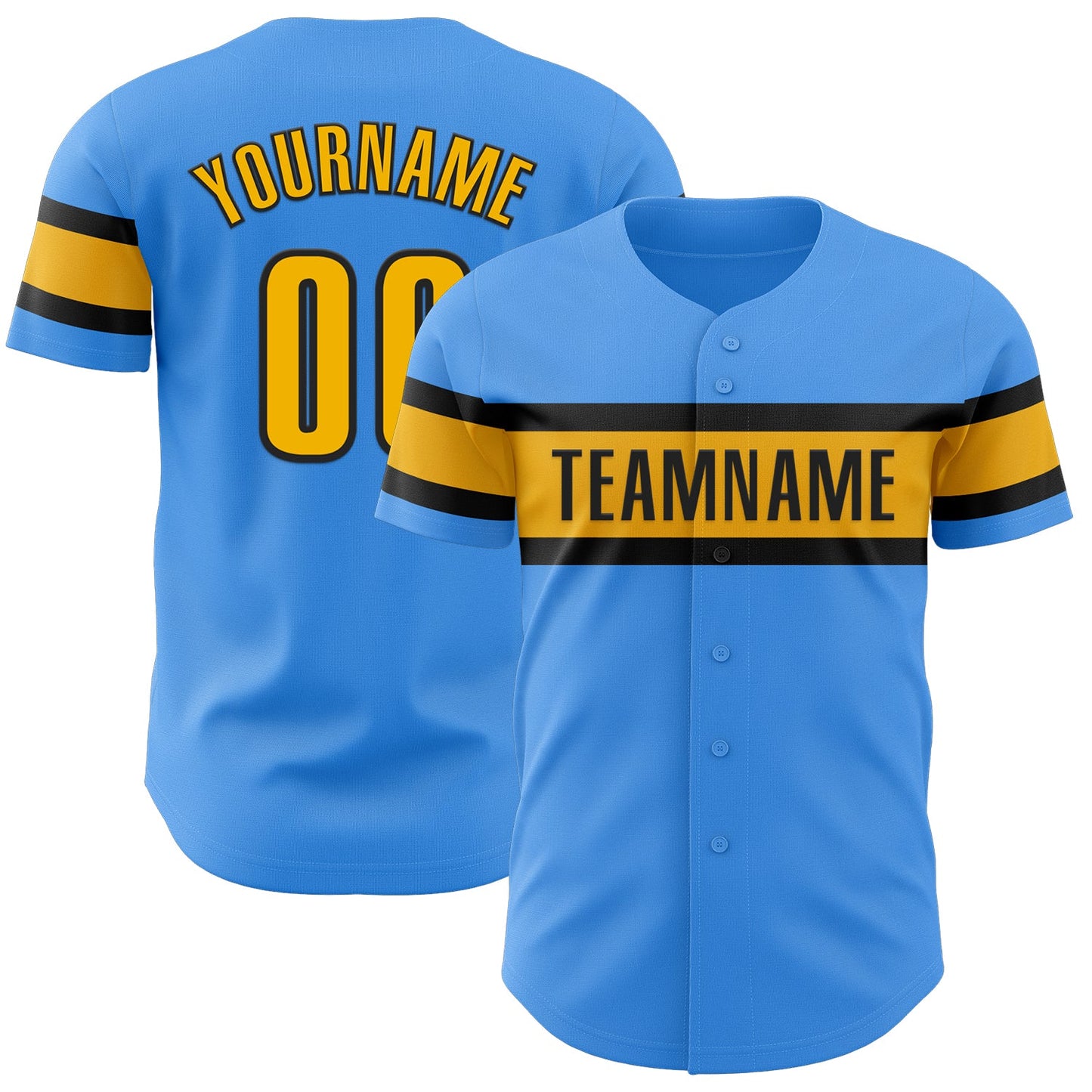 Custom Electric Blue Gold-Black Authentic Baseball Jersey - Main View