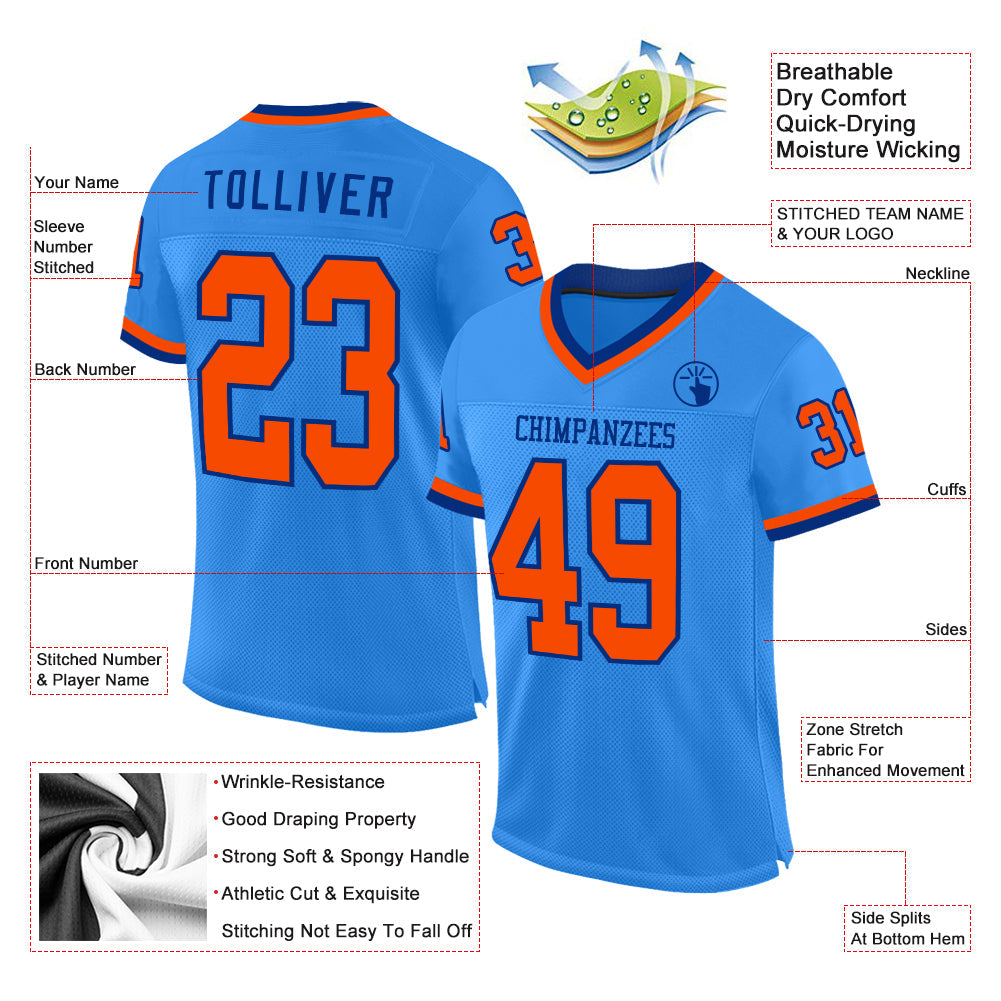 Custom Powder Blue Orange-Royal Mesh Authentic Throwback Football Jersey view 2