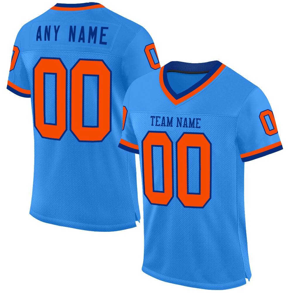 Custom Powder Blue Orange-Royal Mesh Authentic Throwback Football Jersey - Main View