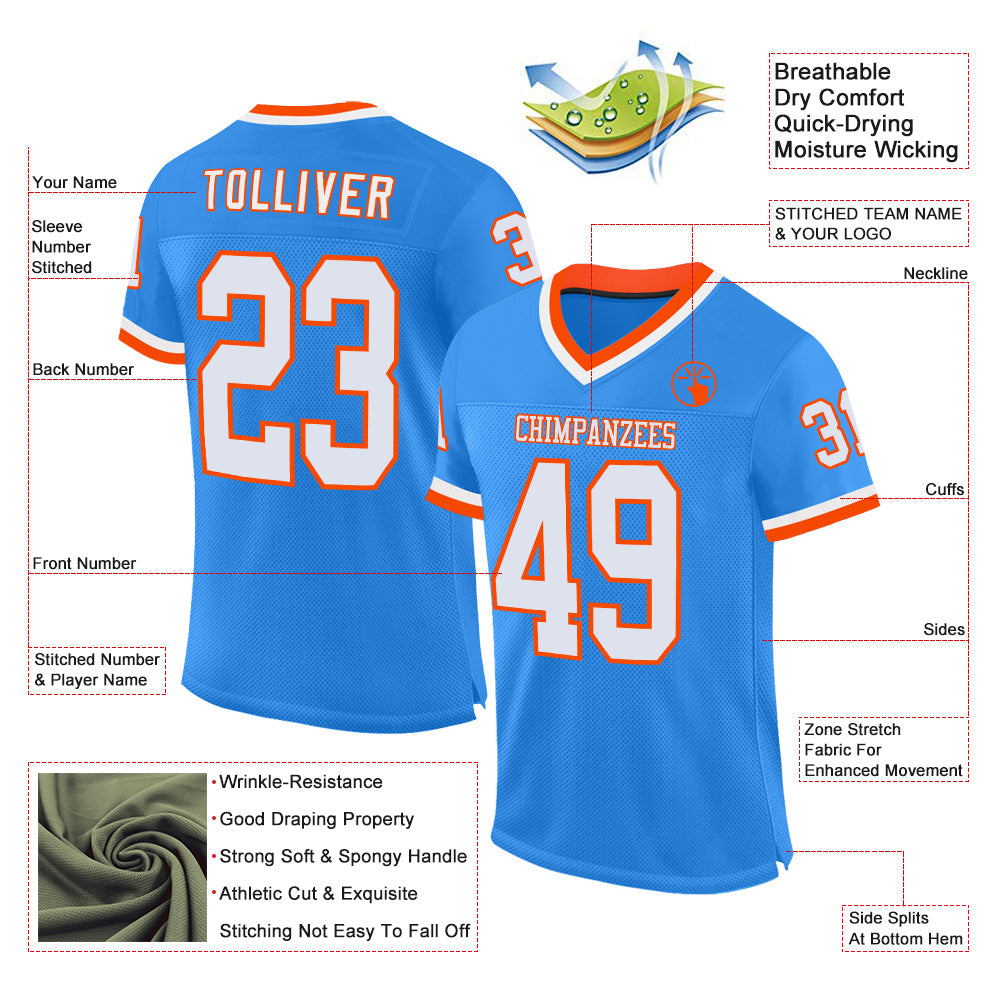 Custom Powder Blue White-Orange Mesh Authentic Throwback Football Jersey view 2