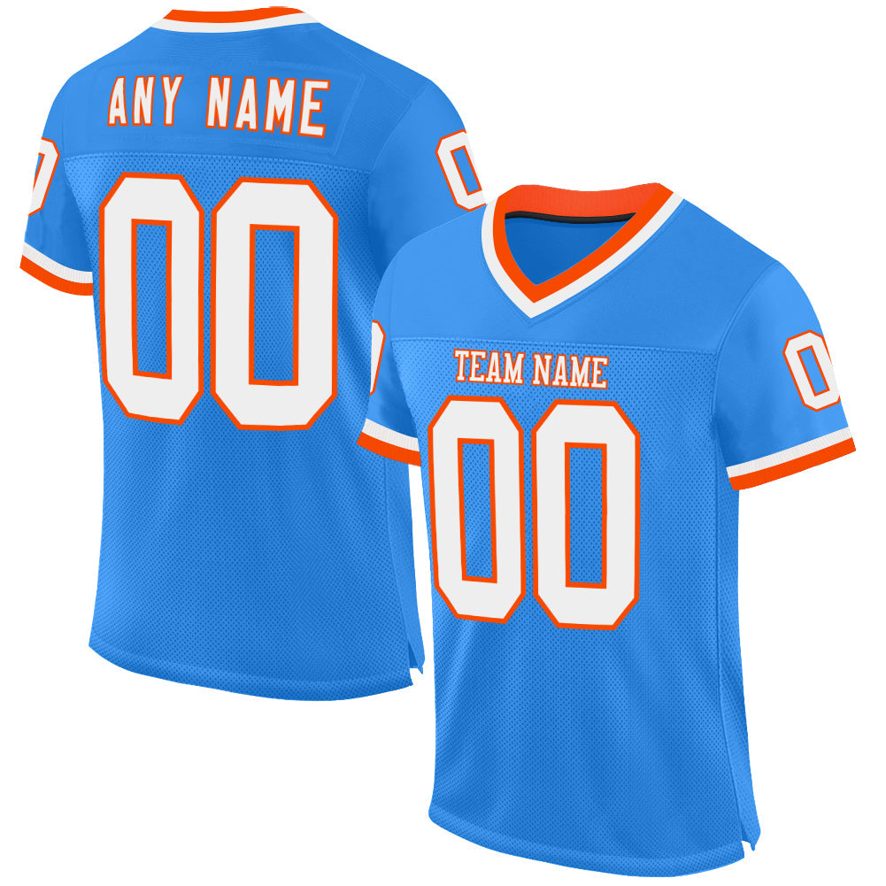 Custom Powder Blue White-Orange Mesh Authentic Throwback Football Jersey - Main View