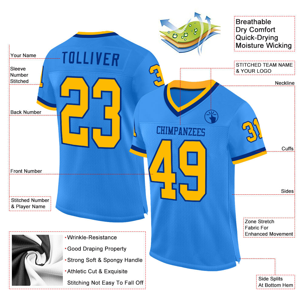 Custom Powder Blue Gold-Royal Mesh Authentic Throwback Football Jersey view 2
