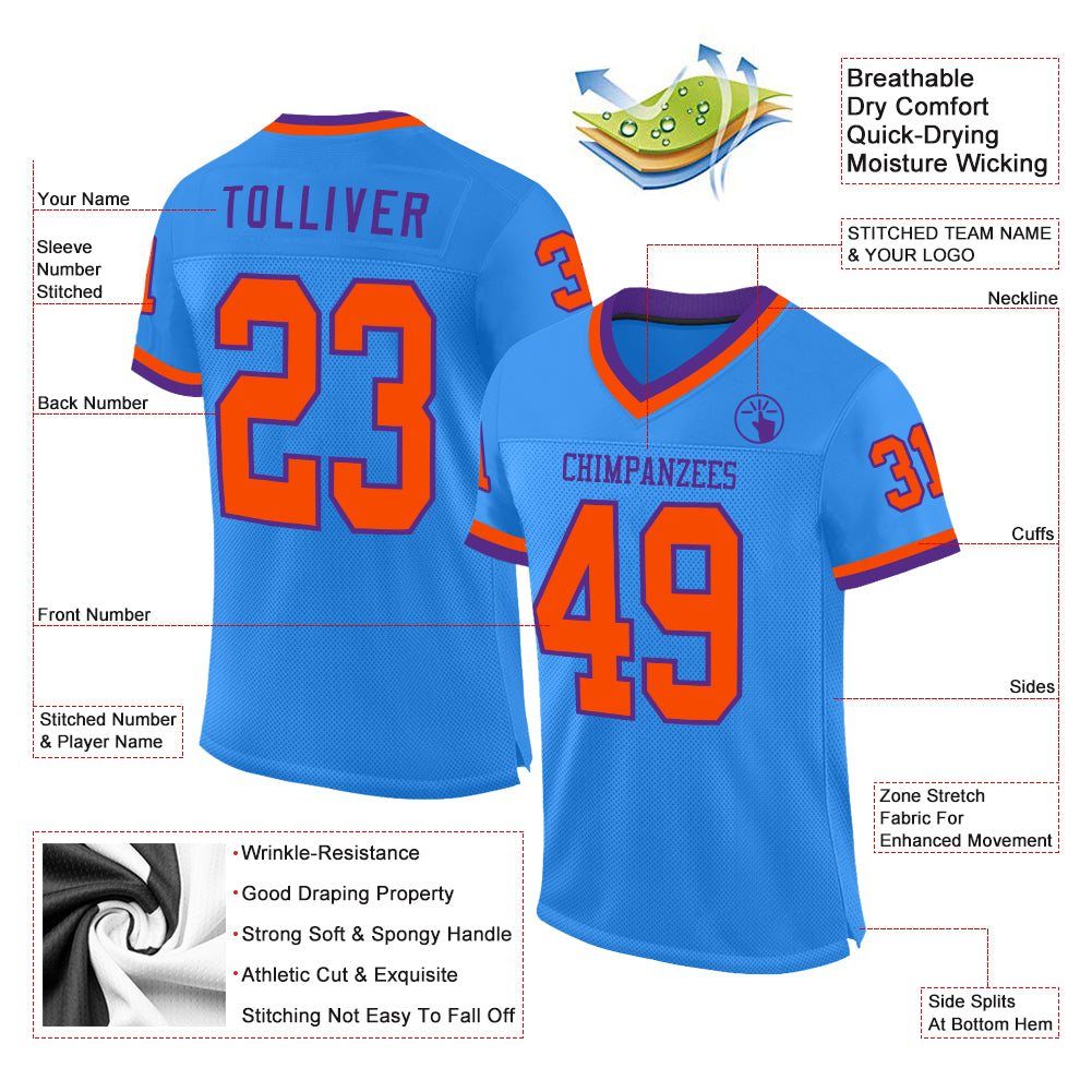 Custom Powder Blue Orange-Purple Mesh Authentic Throwback Football Jersey view 2