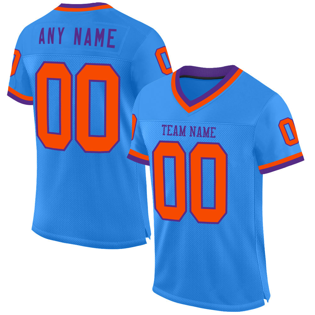 Custom Powder Blue Orange-Purple Mesh Authentic Throwback Football Jersey - Main View