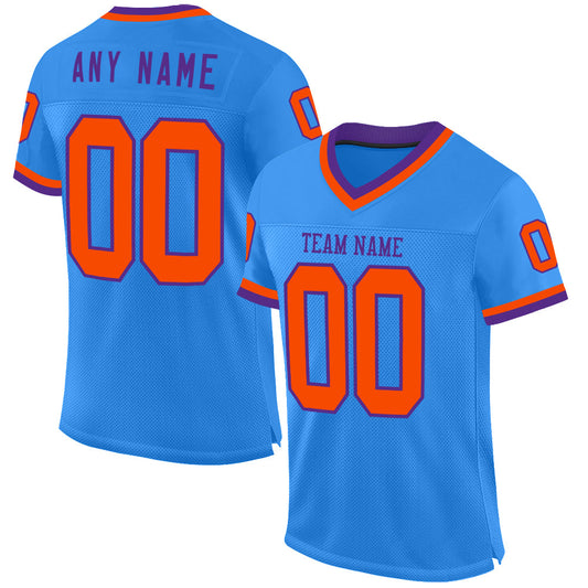 Custom Powder Blue Orange-Purple Mesh Authentic Throwback Football Jersey - Main View