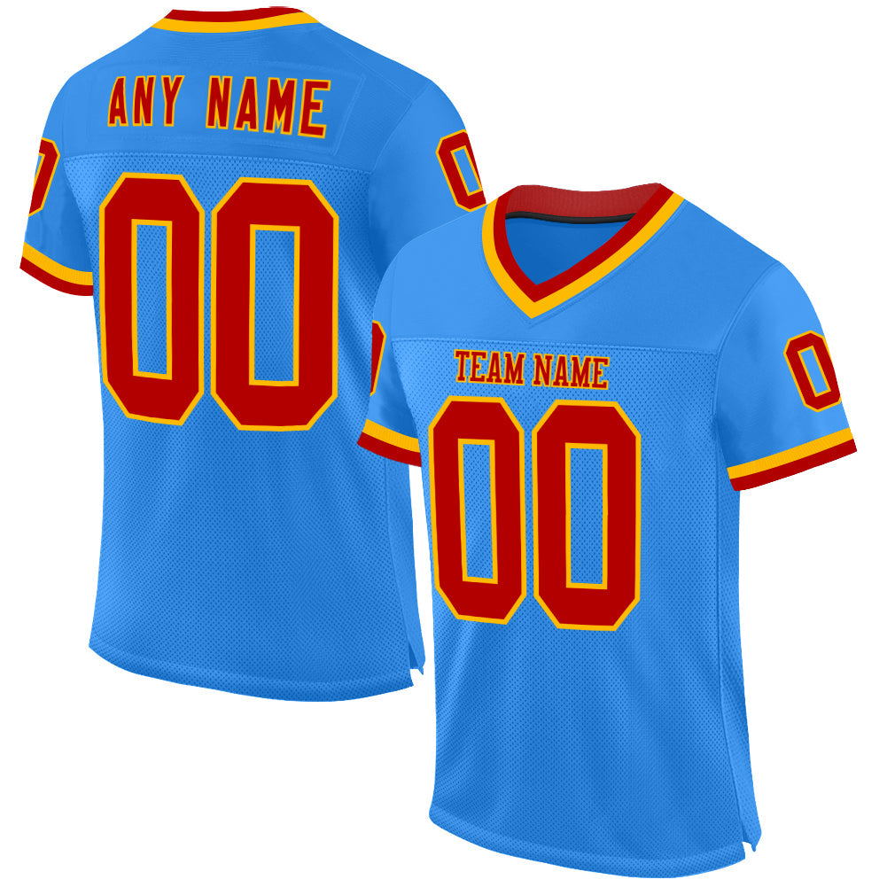 Custom Powder Blue Red-Gold Mesh Authentic Throwback Football Jersey - Main View