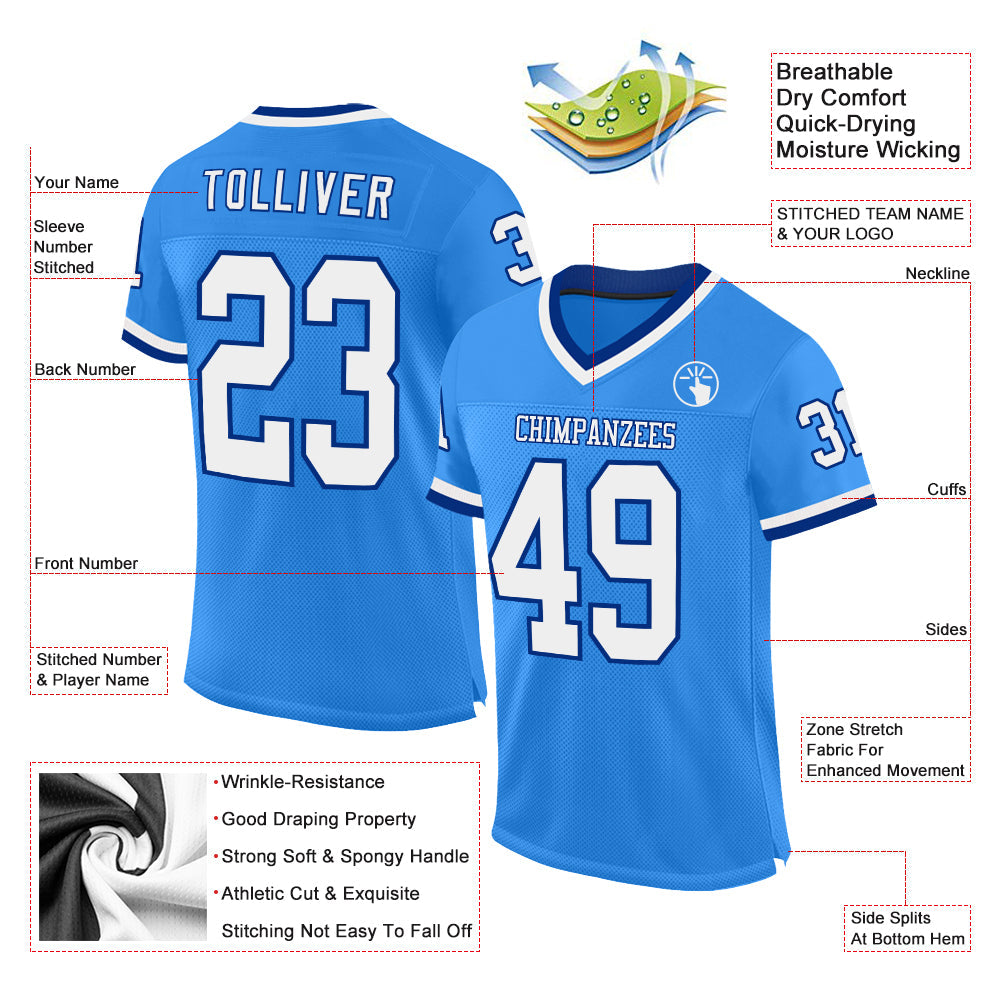 Custom Powder Blue White-Royal Mesh Authentic Throwback Football Jersey view 2