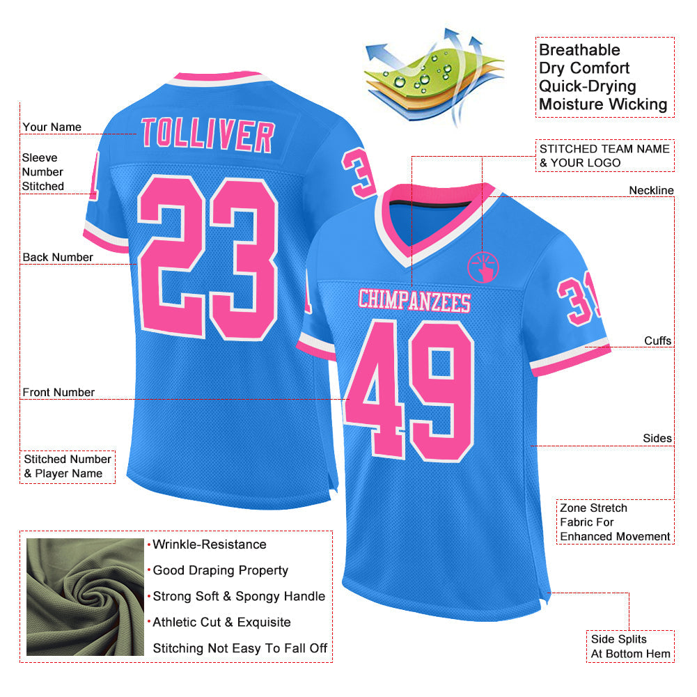 Custom Powder Blue Pink-White Mesh Authentic Throwback Football Jersey view 2