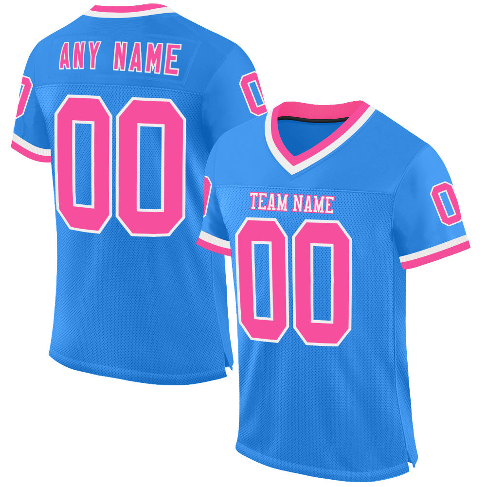 Custom Powder Blue Pink-White Mesh Authentic Throwback Football Jersey - Main View