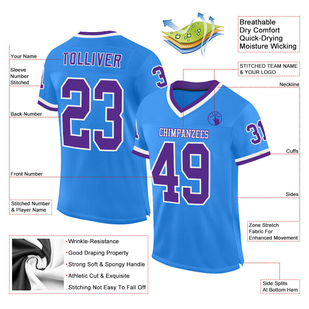 Custom Powder Blue Purple-White Mesh Authentic Throwback Football Jersey view 2