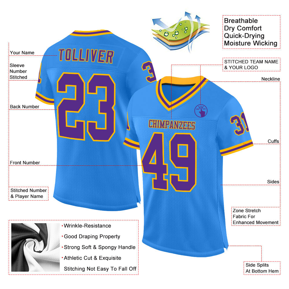 Custom Powder Blue Purple-Gold Mesh Authentic Throwback Football Jersey view 2
