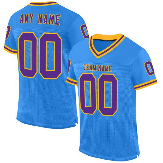 Custom Powder Blue Purple-Gold Mesh Authentic Throwback Football Jersey - Main View