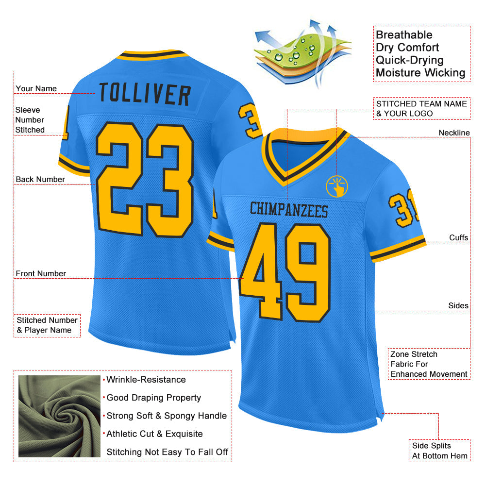 Custom Powder Blue Gold-Black Mesh Authentic Throwback Football Jersey view 2