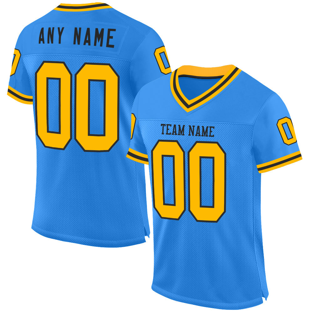 Custom Powder Blue Gold-Black Mesh Authentic Throwback Football Jersey - Main View