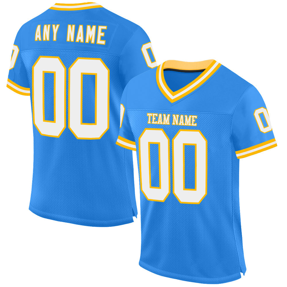 Custom Powder Blue White-Gold Mesh Authentic Throwback Football Jersey - Main View