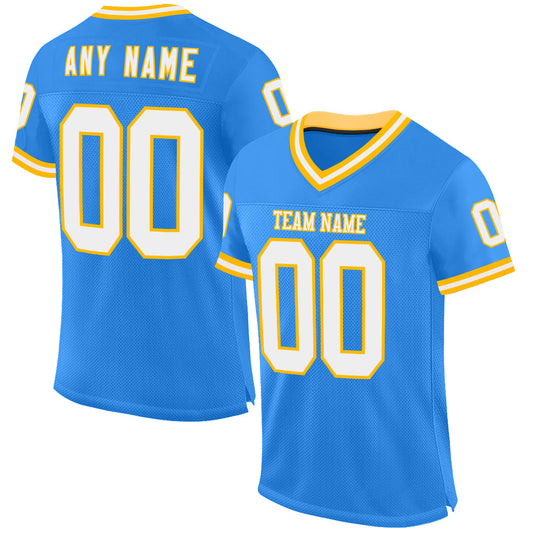 Custom Powder Blue White-Gold Mesh Authentic Throwback Football Jersey - Main View