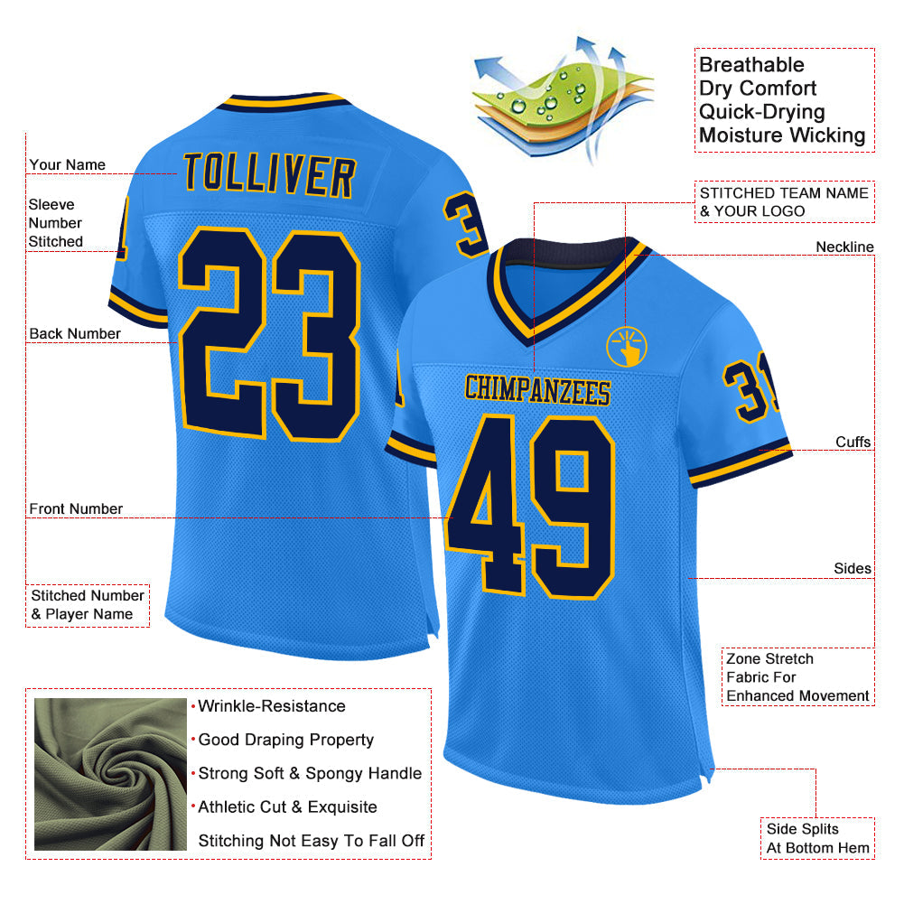 Custom Powder Blue Navy-Gold Mesh Authentic Throwback Football Jersey view 2