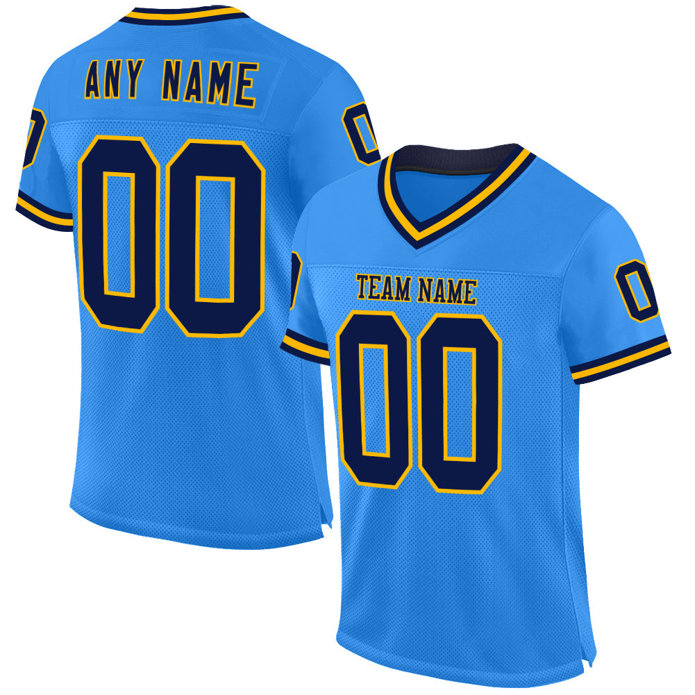 Custom Powder Blue Navy-Gold Mesh Authentic Throwback Football Jersey - Main View