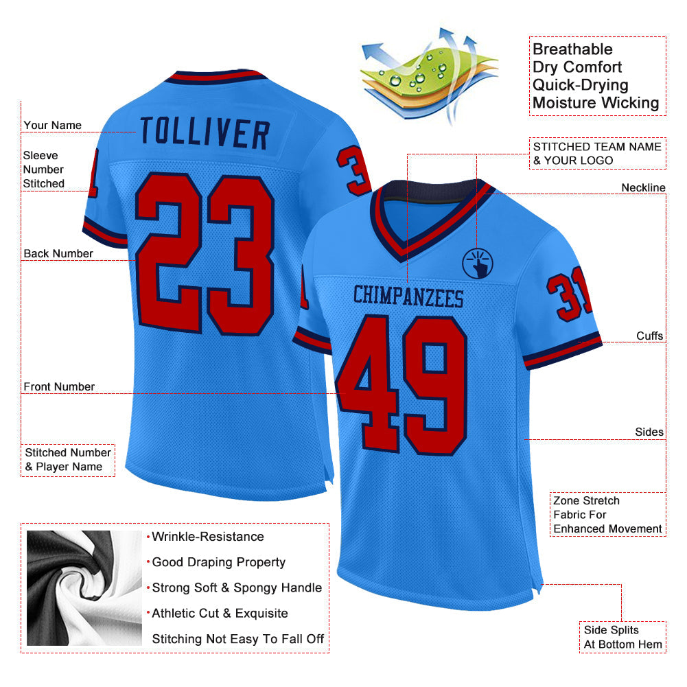 Custom Powder Blue Red-Navy Mesh Authentic Throwback Football Jersey view 2