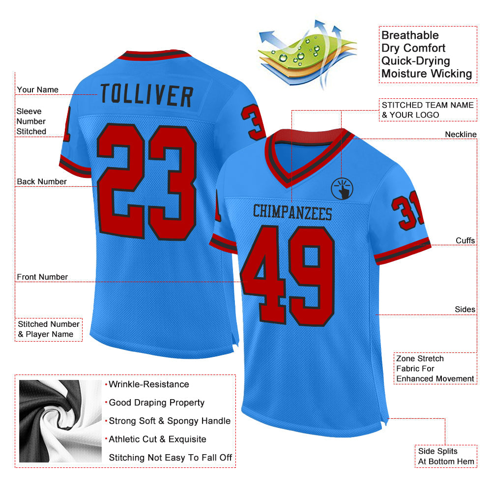 Custom Powder Blue Red-Black Mesh Authentic Throwback Football Jersey view 2