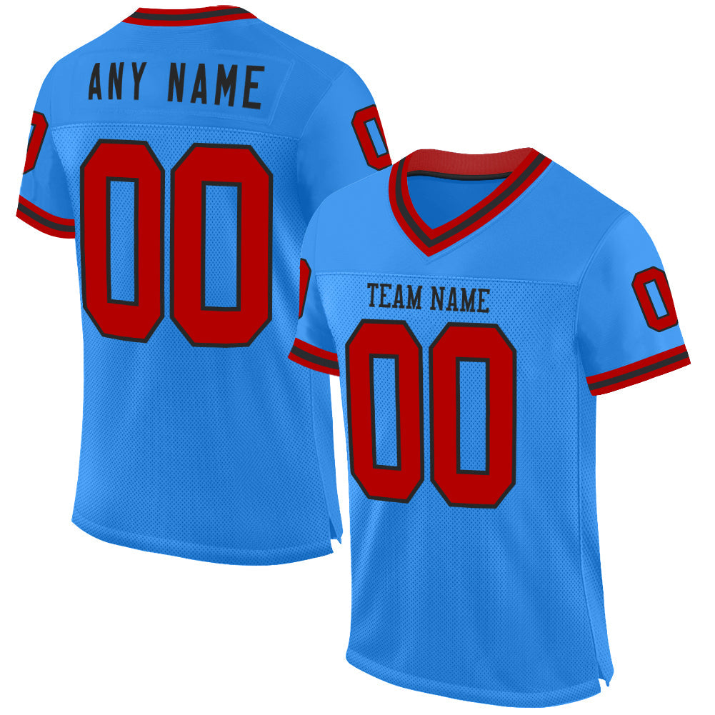 Custom Powder Blue Red-Black Mesh Authentic Throwback Football Jersey - Main View