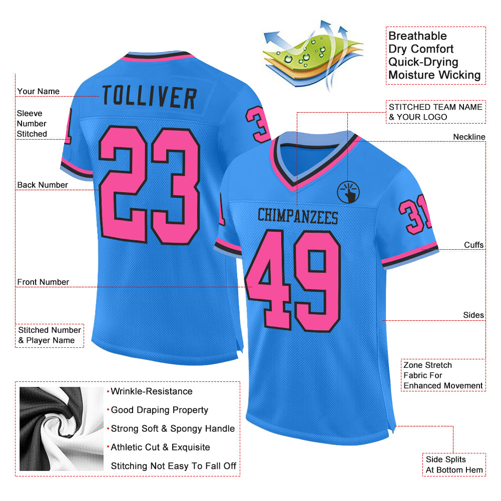 Custom Powder Blue Pink Black-Light Blue Mesh Authentic Throwback Football Jersey view 2