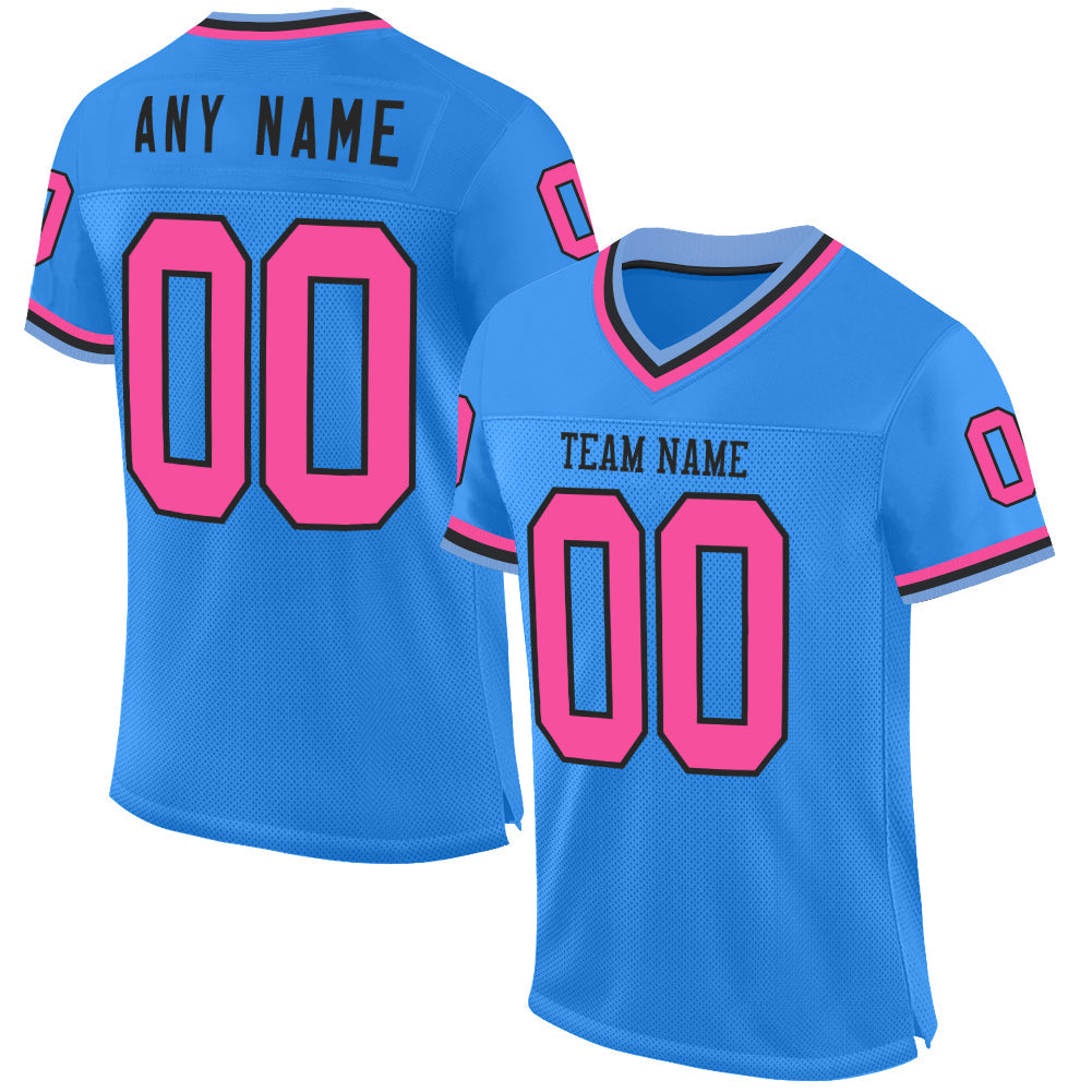 Custom Powder Blue Pink Black-Light Blue Mesh Authentic Throwback Football Jersey - Main View