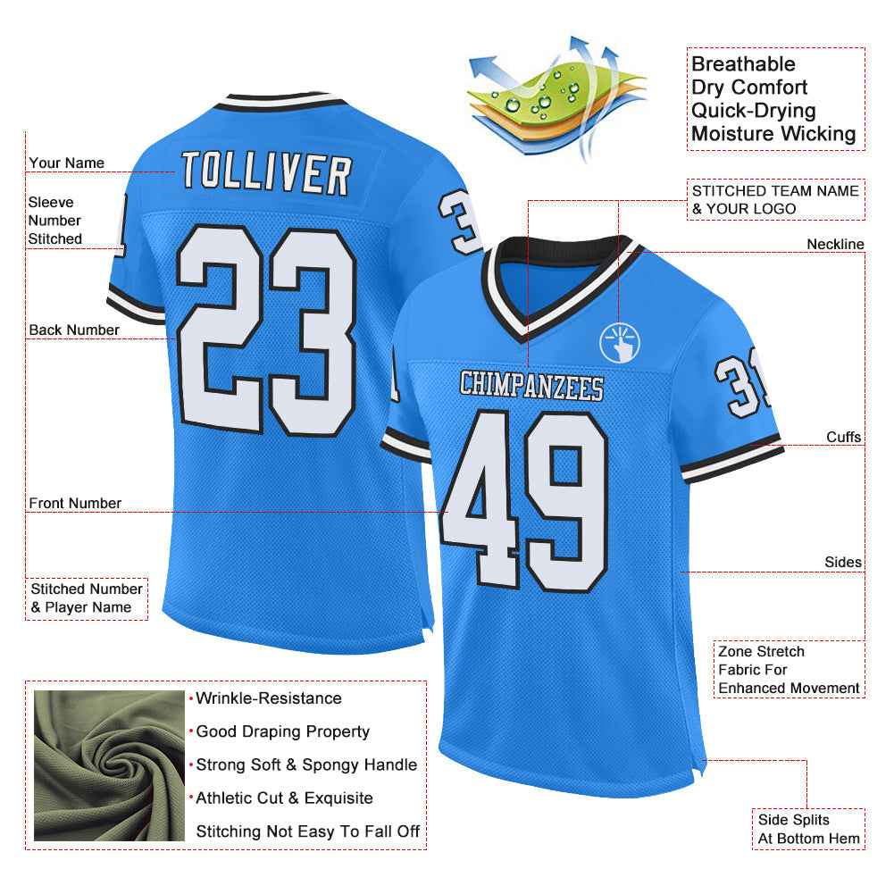 Custom Powder Blue White-Black Mesh Authentic Throwback Football Jersey view 2