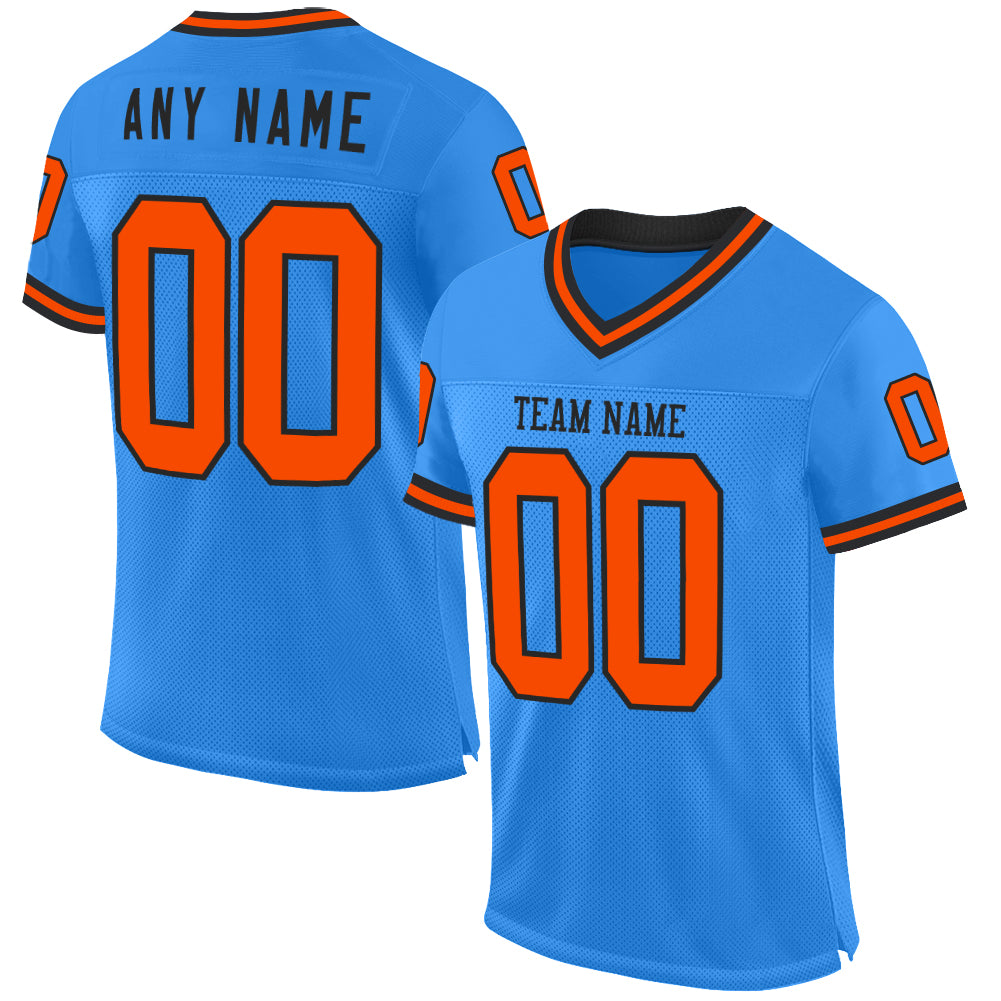 Custom Powder Blue Orange-Black Mesh Authentic Throwback Football Jersey - Main View