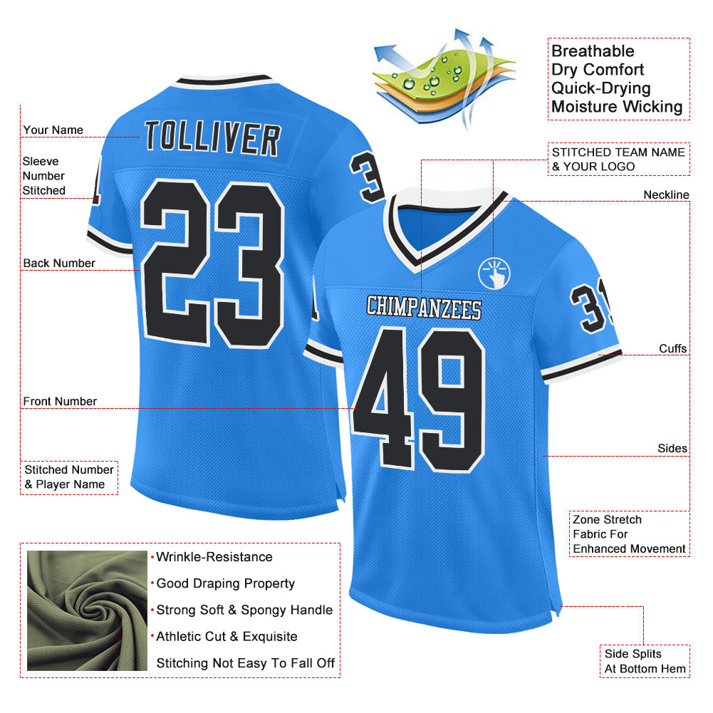 Custom Powder Blue Black-White Mesh Authentic Throwback Football Jersey view 2