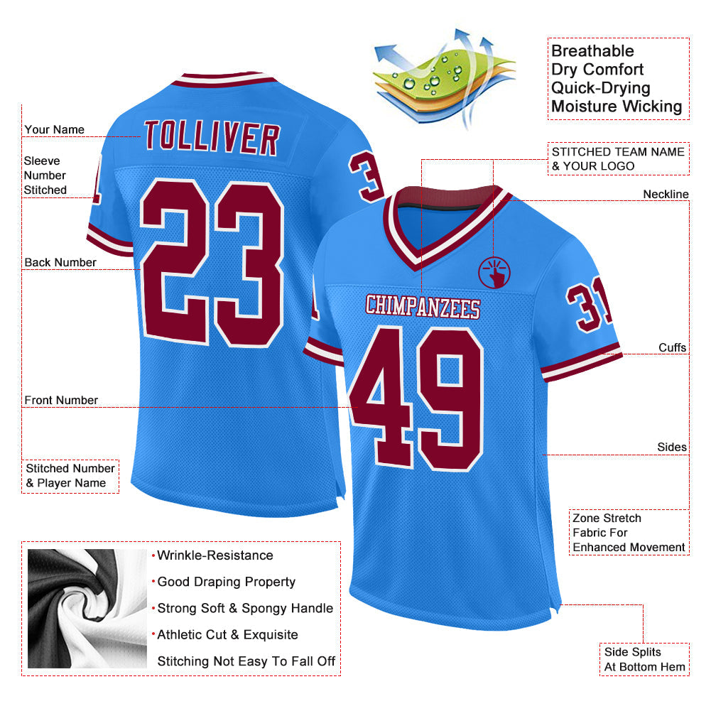 Custom Powder Blue Maroon-White Mesh Authentic Throwback Football Jersey view 2