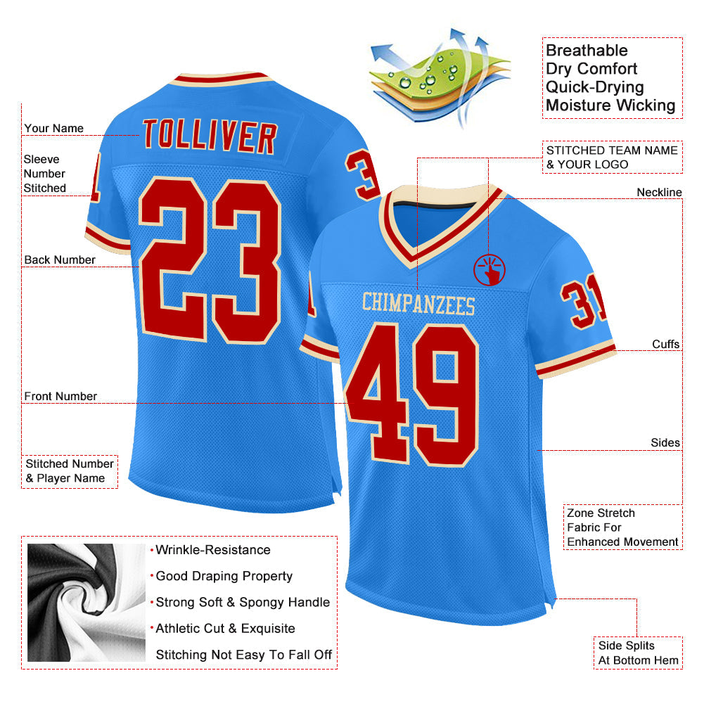 Custom Powder Blue Red-Cream Mesh Authentic Throwback Football Jersey view 2