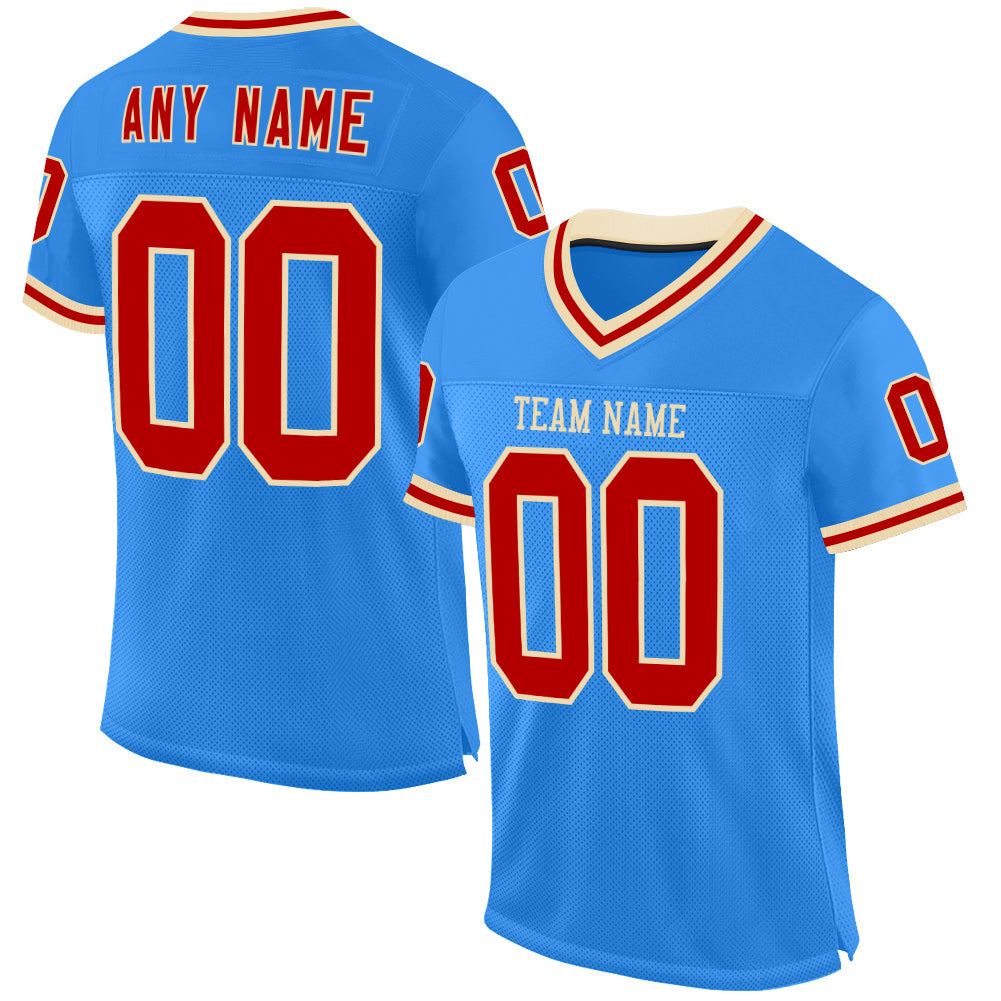 Custom Powder Blue Red-Cream Mesh Authentic Throwback Football Jersey - Main View