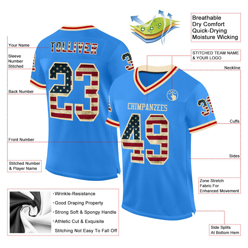 Custom Powder Blue Vintage USA Flag Cream-Red Mesh Authentic Throwback Football Jersey view 2