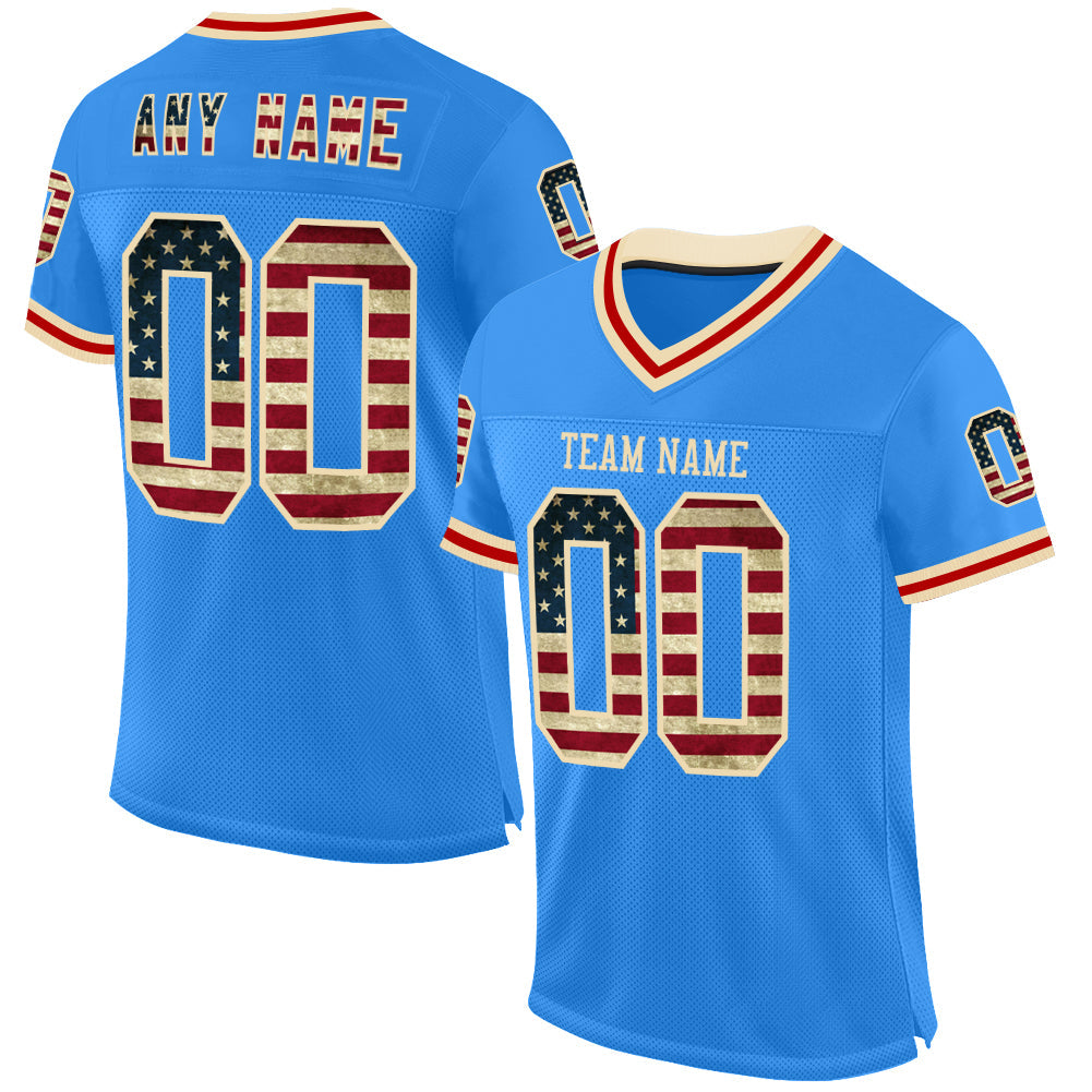 Custom Powder Blue Vintage USA Flag Cream-Red Mesh Authentic Throwback Football Jersey - Main View