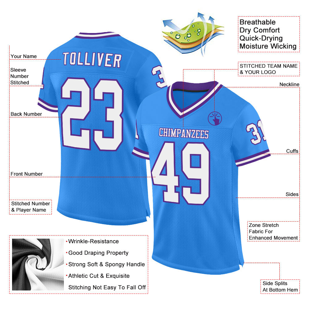 Custom Powder Blue White-Purple Mesh Authentic Throwback Football Jersey view 2