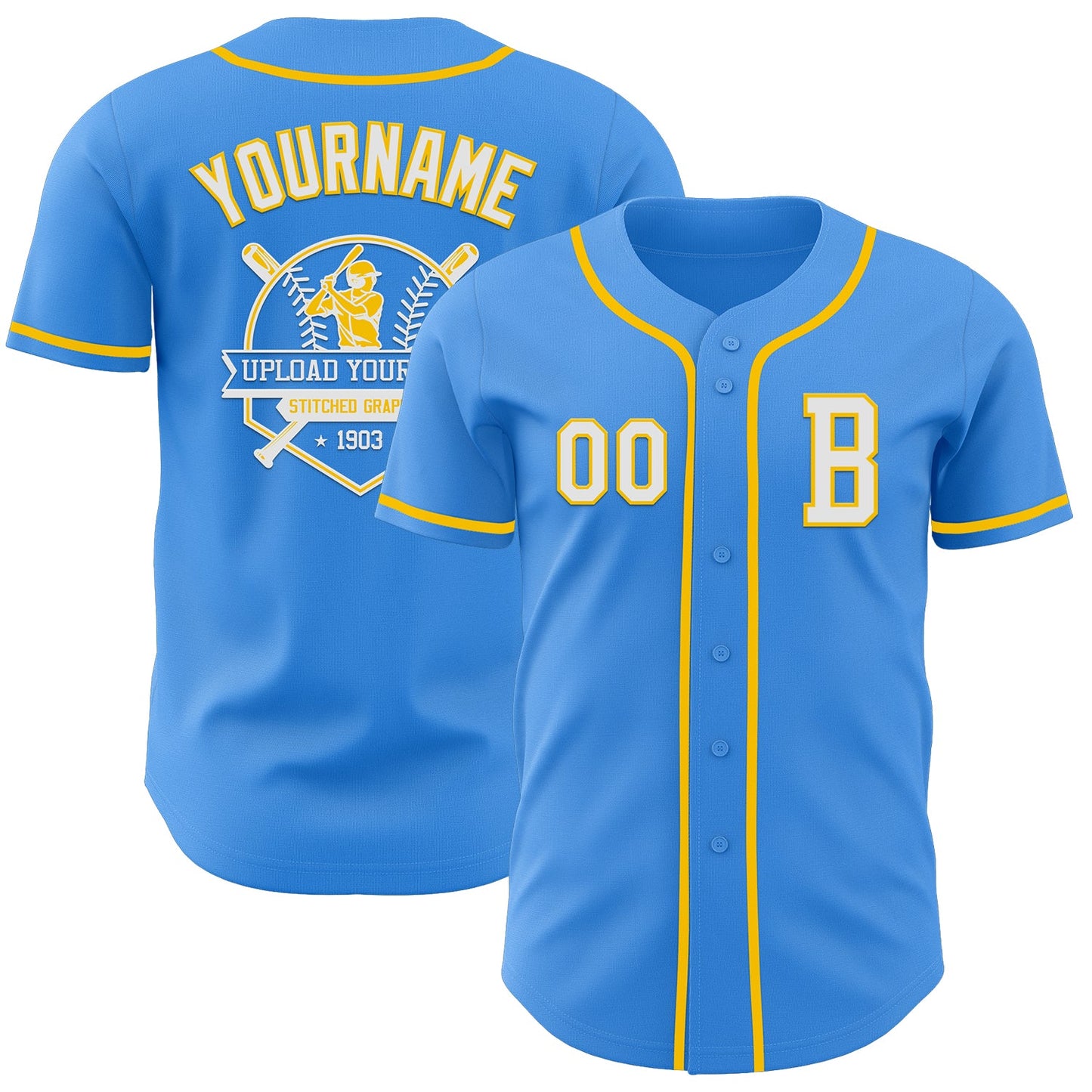 Custom Electric Blue White-Yellow Authentic Baseball Jersey view 5