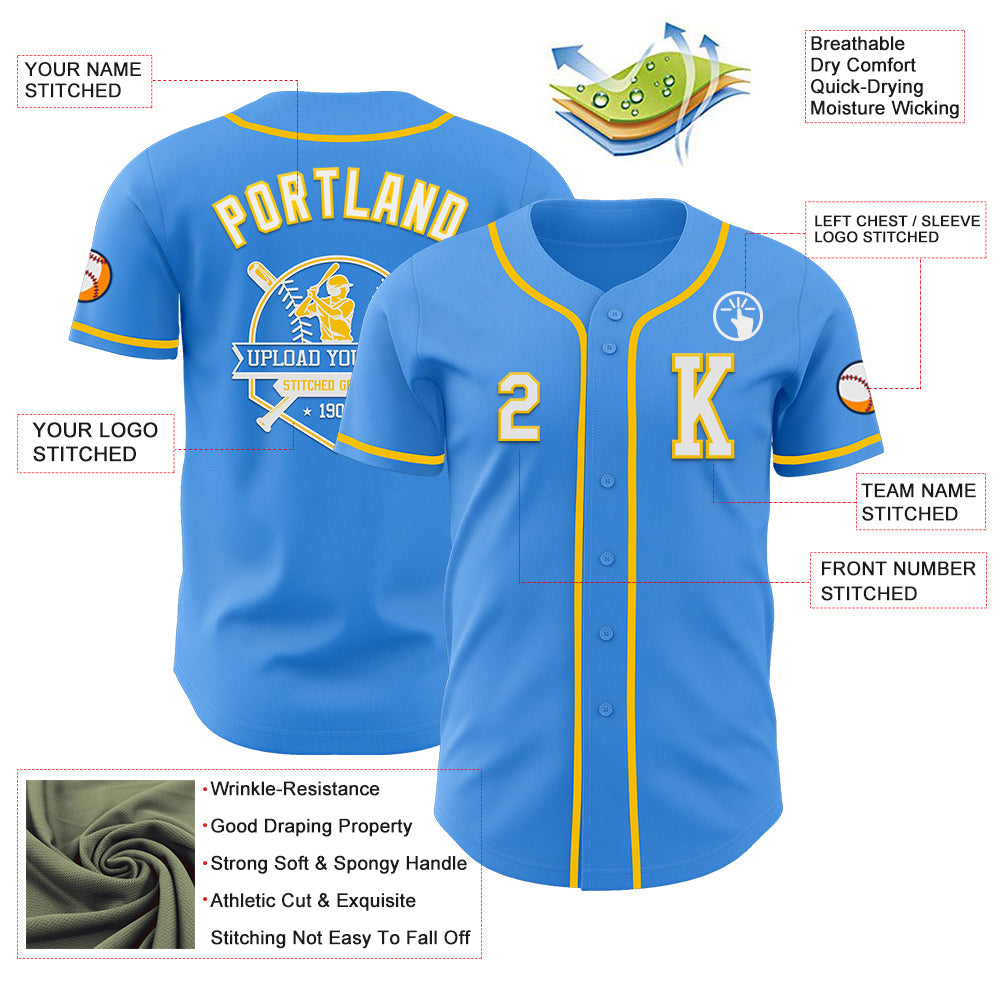 Custom Electric Blue White-Yellow Authentic Baseball Jersey view 6