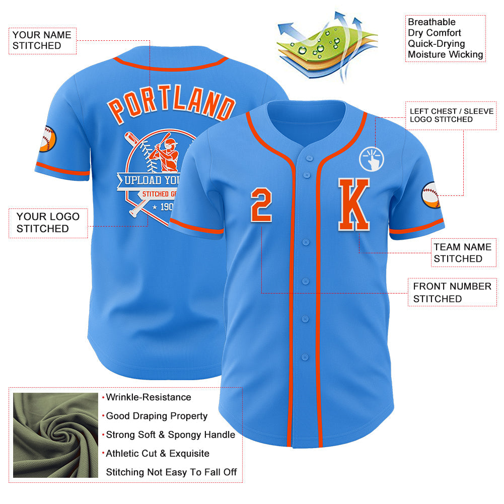 Custom Electric Blue Orange-White Authentic Baseball Jersey view 6