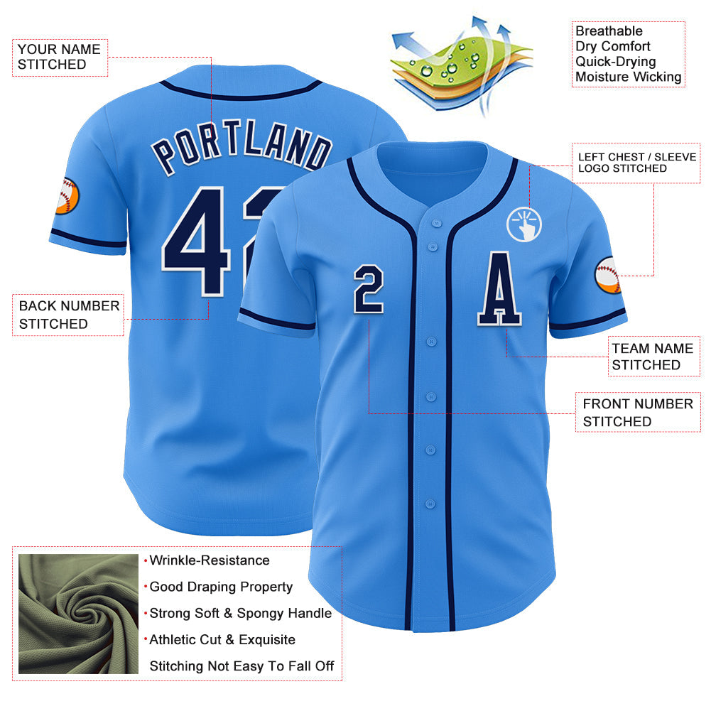 Custom Electric Blue Navy-White Authentic Baseball Jersey view 2