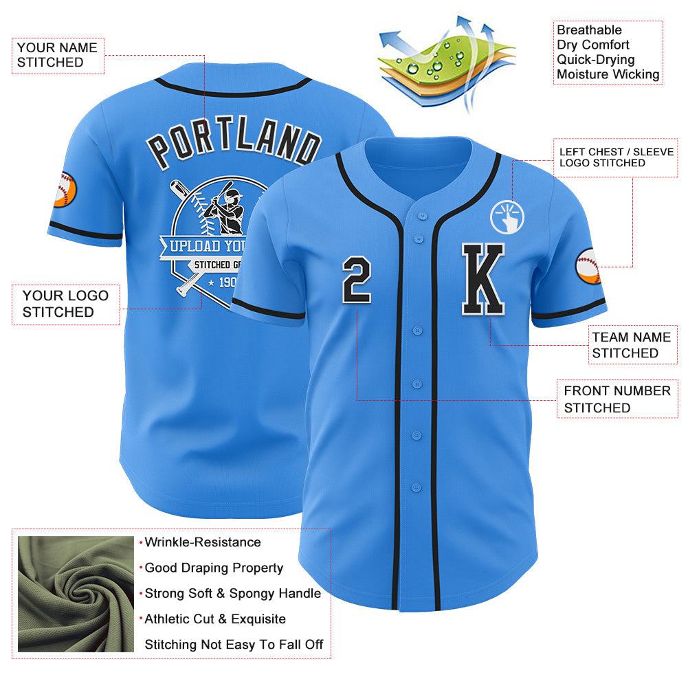 Custom Electric Blue Black-White Authentic Baseball Jersey view 6